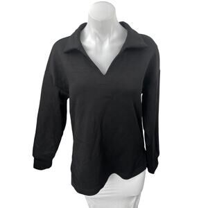 NEW Anrabess Womens Black Long Sleeve V Neck Collared Polo Sweatshirt Top Size S